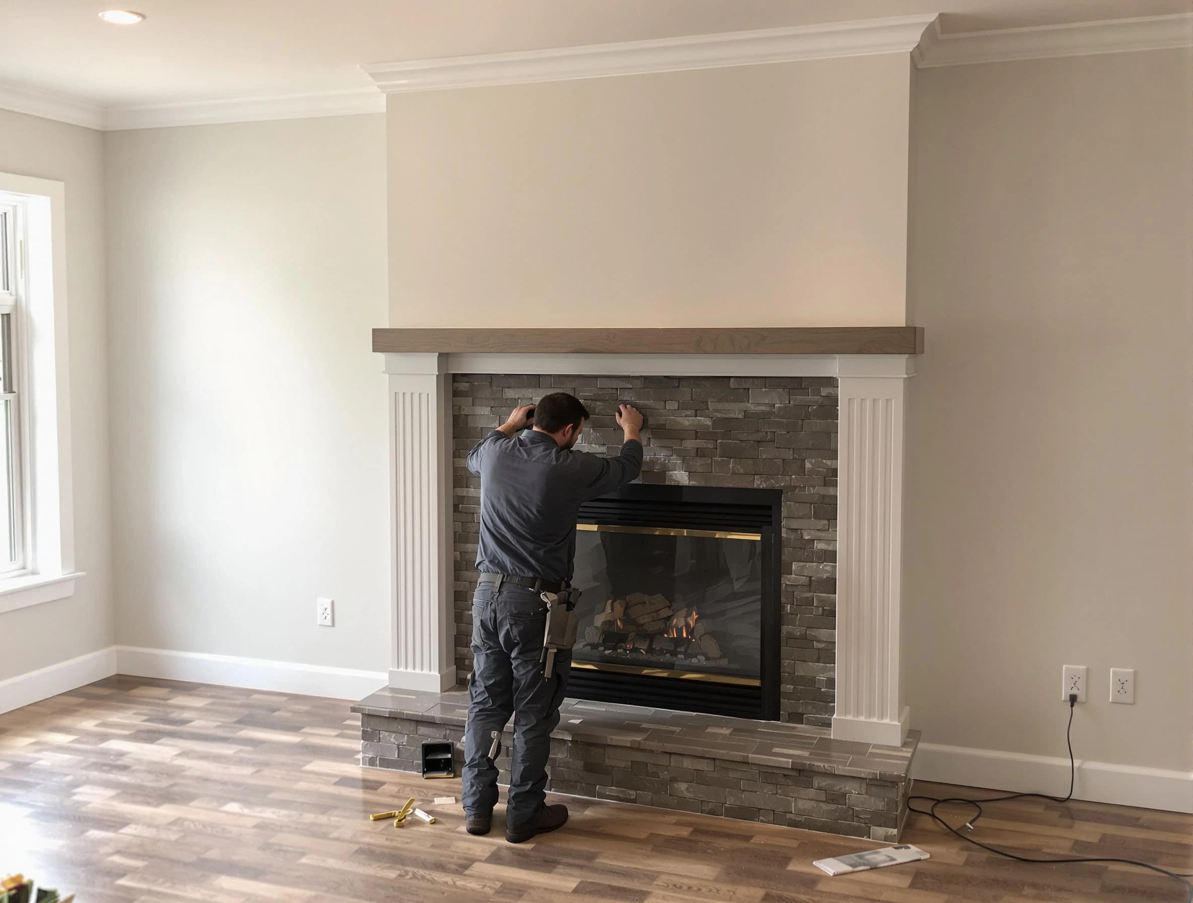 Pinson Chimney Sweep finishing a custom fireplace install in Pinson, AL