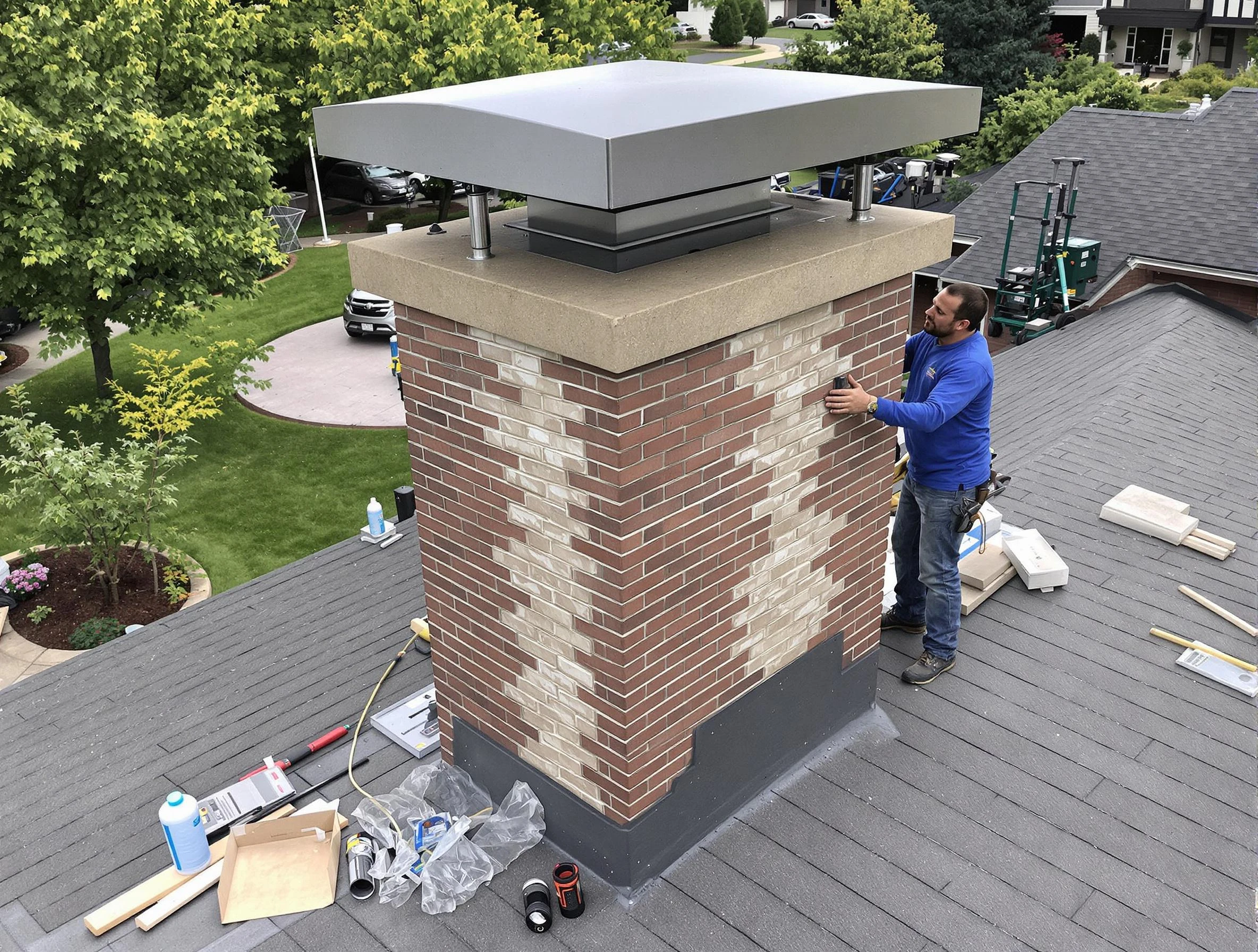 Pinson Chimney Sweep team working on a custom chimney remodel in Pinson, AL